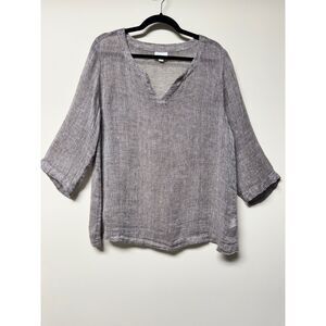 J. JILL PURE JILL 100% Linen 3/4 Sleeve Open Knit Popover Blouse, Brown/White, L